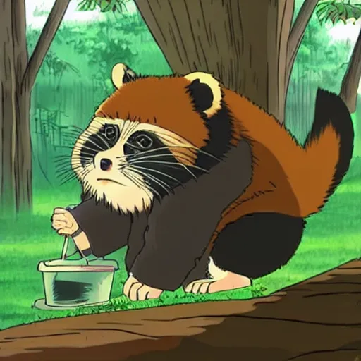 Image similar to Tanuki doing his laundry in the style of Hayao Miyazaki