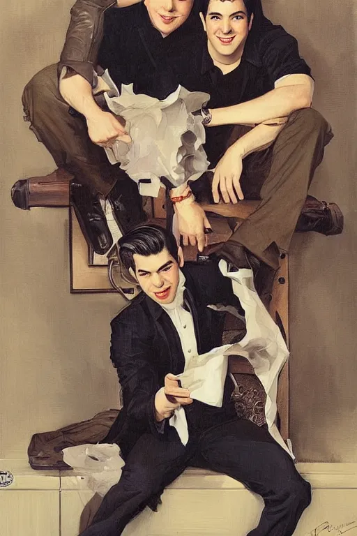 Prompt: drake bell and josh peck, painting by jc leyendecker!! phil hale!, angular, brush strokes, painterly, vintage, crisp