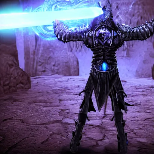 Image similar to demon black blue purple, swords, daggers, unreal engine