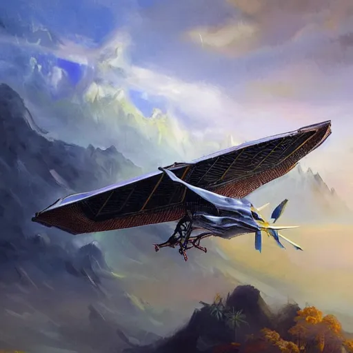 Image similar to a beautiful painting about a futuristic spaceship landing in a misty Asian rainforest, surrounded by mountains and clouds. Featured on Artstation. tall bright numerical village pyramid osprey citrus archangel, by Valentine Hugo and Robert Henri and Banks