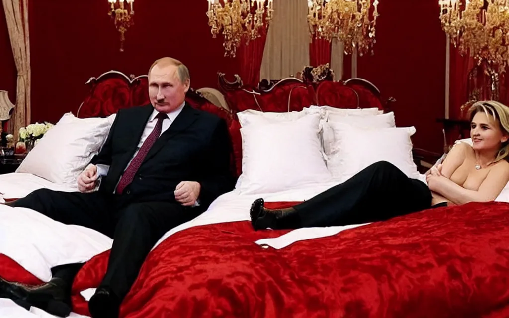 Image similar to lukashenko fall in love with putin romantic bed scene accidental shot by paparazzi