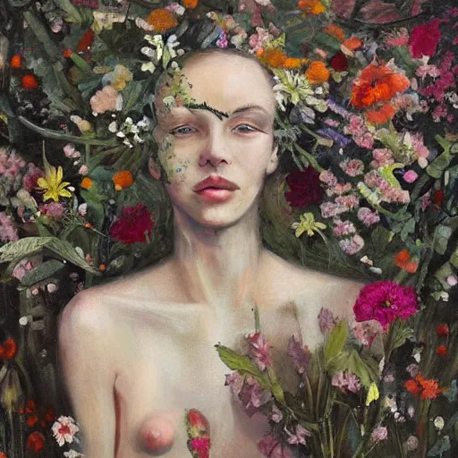 Prompt: portrait of a beautiful woman corpse covered in flowers in the middle of a Forest, ray gods, oil paint,