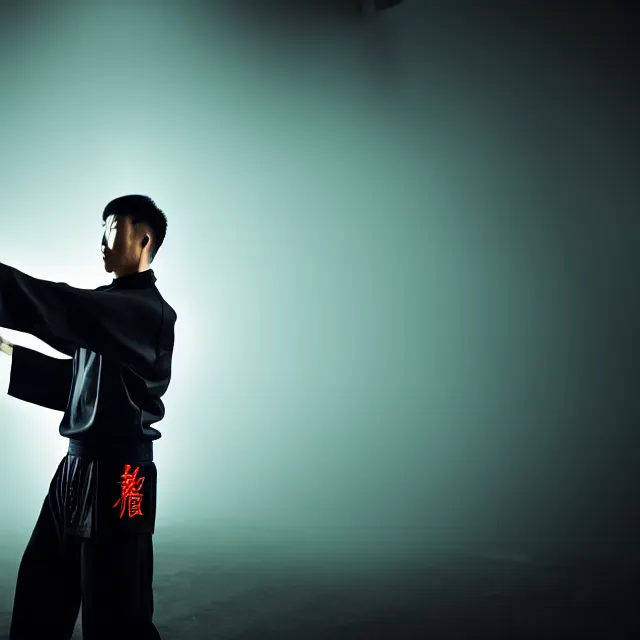 Image similar to wing chun practice supreme fist, detailed wing chun form, mother stance, shanghai, cinematic neon uplighting, fog mist smoke, photorealistic, night photography by tomino - sama
