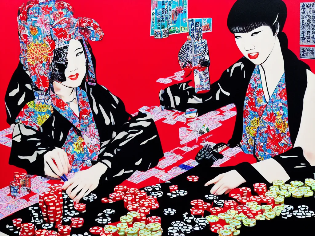 Image similar to hyperrealism composition of the detailed woman in a japanese kimono sitting at an extremely detailed poker table with darth vader, fireworks on the background, pop - art style, jacky tsai style, andy warhol style, acrylic on canvas