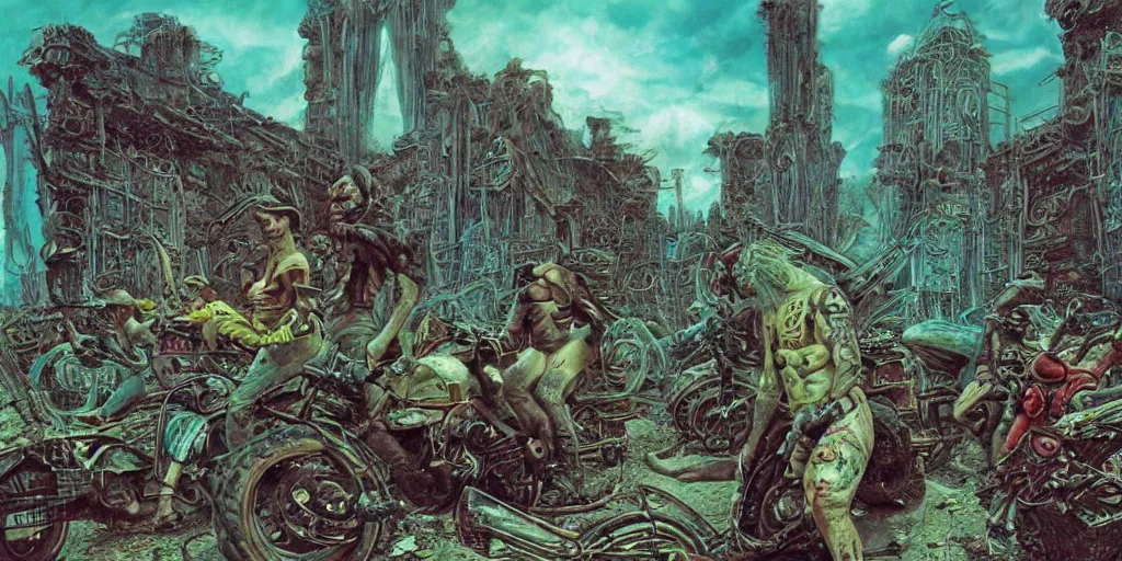 Image similar to psychedelic post apocalyptic orcish biker gang, scifi city ruins, sharp focus, psychedelic colors, boris vallejo, michael whelan