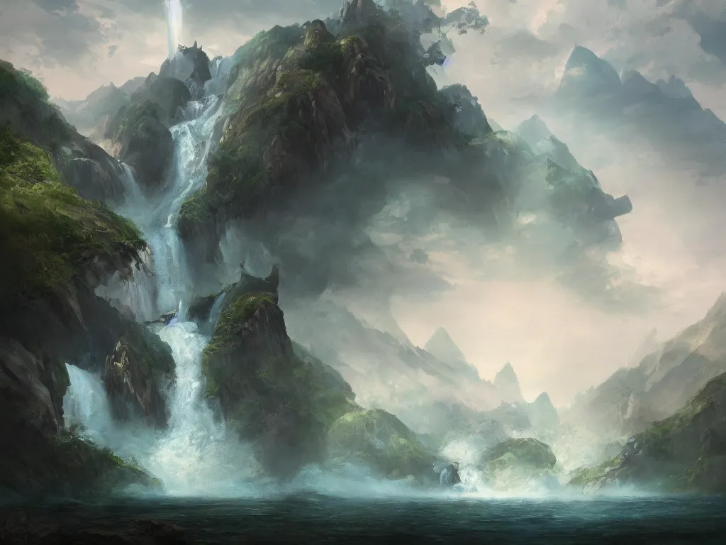 Image similar to A beautiful concept art painting of a giant levitating mountain island with waterfalls falling off its edges, by Natasha Tan, trending on artstation, dramatic lighting