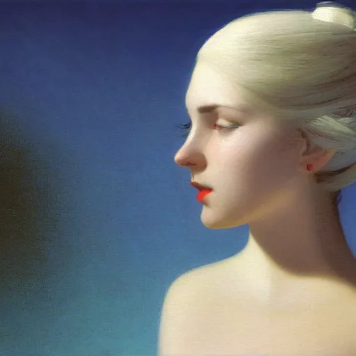 Image similar to a young woman's face, her hair is white and she wears a cobalt blue satin cloak, by ivan aivazovsky and syd mead and moebius and gaston bussiere and roger dean and pieter claesz and paul delaroche and alma tadema and aelbert cuyp and viktor vasnetsov, hyperrealistic, volumetric light, octane render