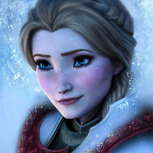 Prompt: head and shoulders portrait of a female knight, anna, frozen, by artgerm, face detail, extremely detailed, photo