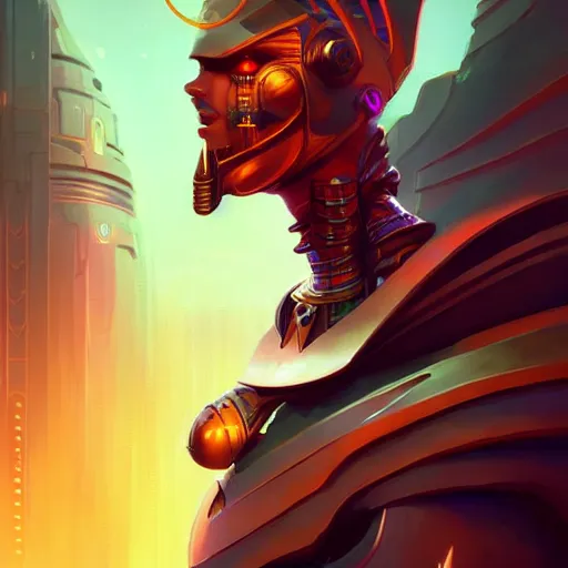 Prompt: a portrait of a handsome cybernetic egyptian god, cyberpunk concept art by pete mohrbacher and wlop and artgerm and josan gonzales, digital art, highly detailed, intricate, sci-fi, sharp focus, Trending on Artstation HQ, deviantart, unreal engine 5, 4K UHD image