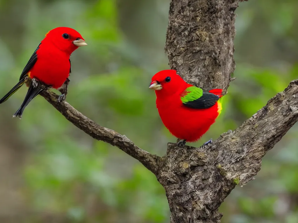 Image similar to A photograph of a Scarlet Tanager,red plumage,photograph .560mm,ISO400,F/9,1/320,Canon EOS 7D Mark II.