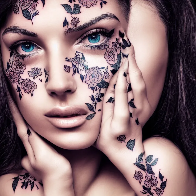 Prompt: photorealistic poster of the face of a beautiful woman with tatoos