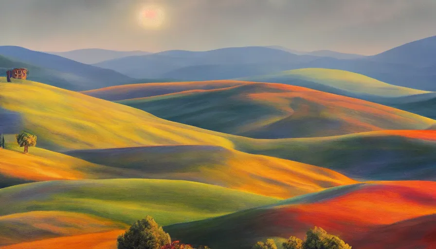 Image similar to a beautiful landscape painting, flying colorful saucers, tuscany hills, by sam guay, moody lighting, hyperrealism, 4 k, octane render