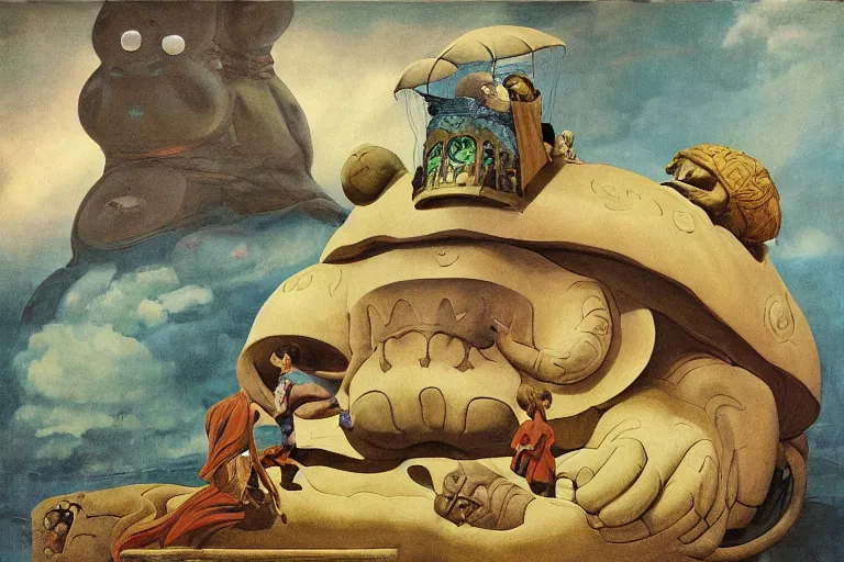 Prompt: a palanquin on top of a giant tardigrade retro japanese monster slimy leather, extra wide, oil painting, 7 0 s vintage art, by georgia o keeffe, by gustave dore, by frank frazetta, nausicaa