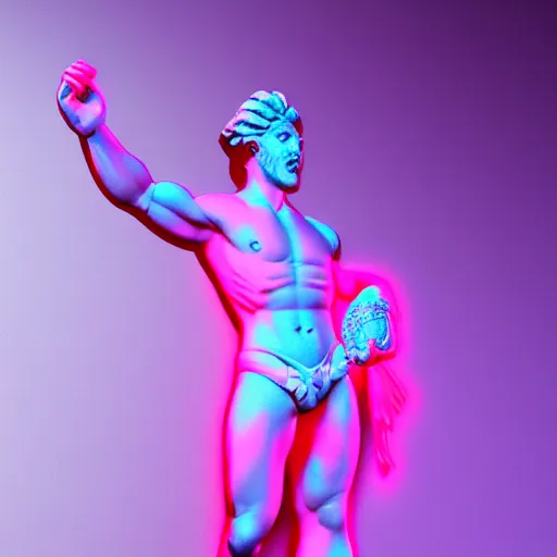 Image similar to unreal engine octane render houdini hyperreallistic render 8k marble statue of hercules vaporwave blue and pink neon background