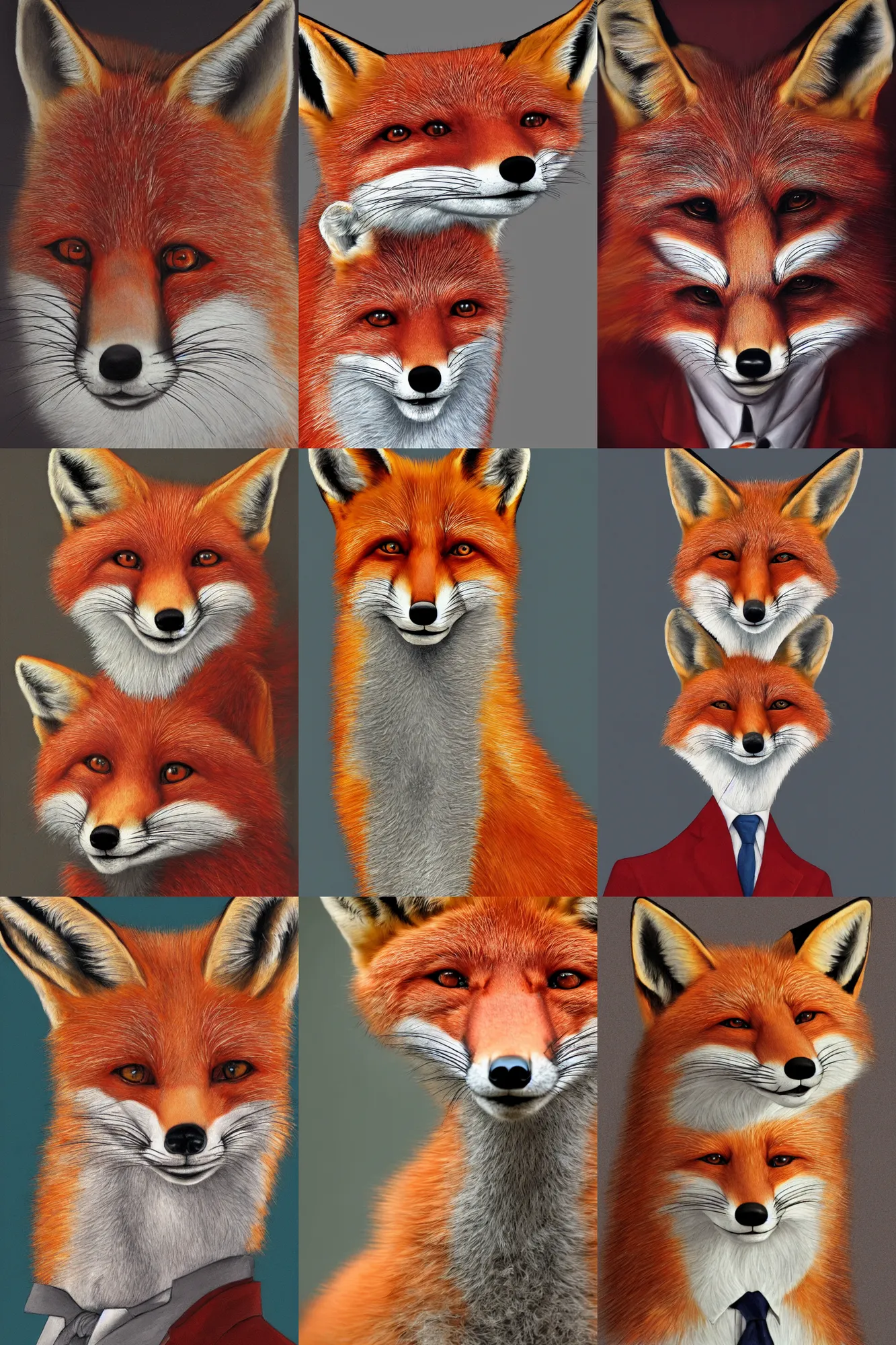 Prompt: a realistic portrait of an anthropomorphic red fox wearing a suit looking into the camera, realistic, portrait