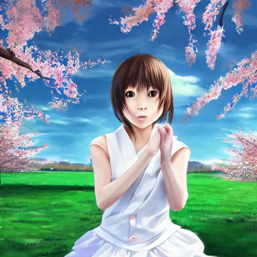 Image similar to hachishakusama wearing a white dress playing basketball against a group of kindergarteners wearing japanese school uniforms, complete detailed body, cherry blossom trees in background, moody atmosphere, digital art, highly detailed, high contrast, beautiful lighting, award winning, trending on art station, photorealistic, 8 k,