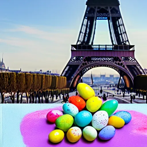 Image similar to A polar bear painting easter eggs in front of the Eiffel Tower