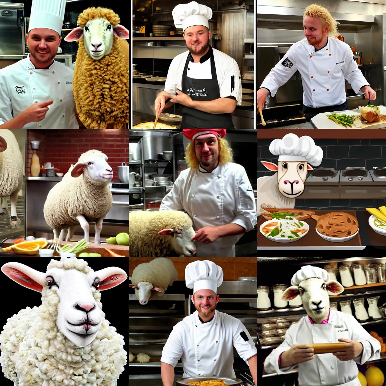 Prompt: sheep ram as a chef with blonde hair