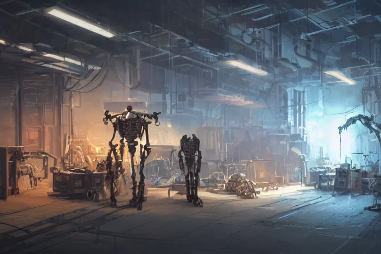 Prompt: interior shot, scifi robot repair workshop, robot skeleton, robot skeleton, robot skeleton, neon lights, neon lights, neon lights, neon lights, cinematic lighting, Craig Mullins, Greg Rutkowski, volumetric light, artstation, octane render, low angle camera