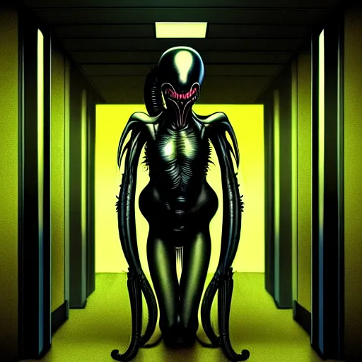 Image similar to black glossy xenomorph, alien movie, endless empty office building, pale yellow wallpaper, moist brown carpet, dim fluorescent lighting, artstation, ultra detailed, creepy, dramatic lighting, photorealistic, art by h. r. giger and chris fss