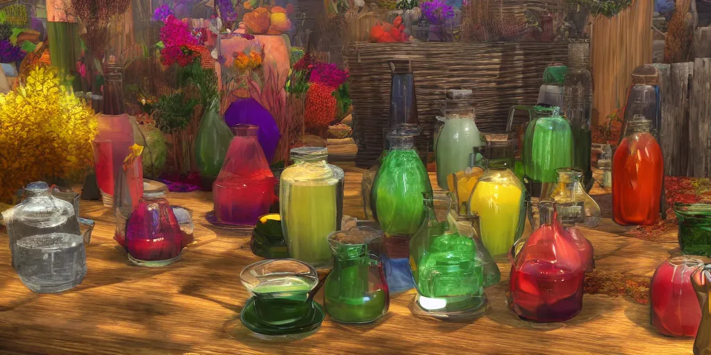 Image similar to colorful potions at the harvest festival, hyper realistic, 8 k, insane details,