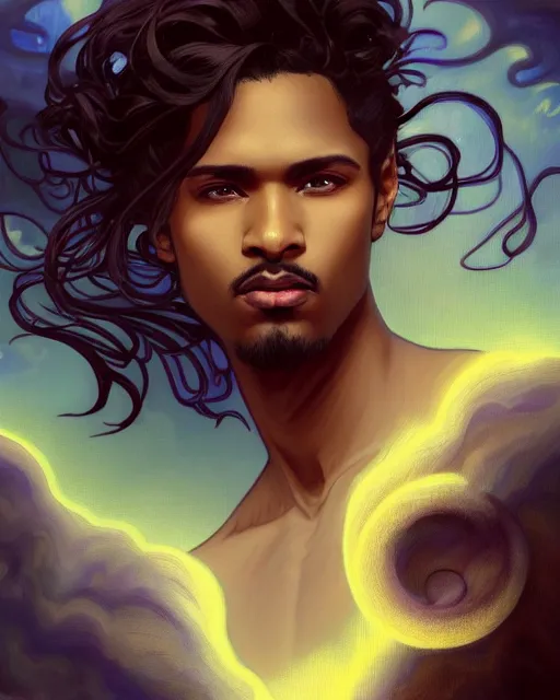 Prompt: 3 / 4 portrait, beautiful male demon, brown skin, fuschite and labradorite clothes, long black hair, 3 2 k, very detailed, fantasy, glow, clouds, moon, soft lighting, realistic, ornate, vibrant, artstation, alphonse mucha, lois van baarle, greg rutkowski, terese nielsen, sharp focus, symmetry