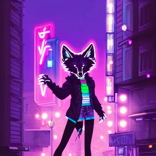 Image similar to beautiful furry digital art portrait commission of an androgynous furry anthro wolf fursona wearing punk clothes in the streets of a cyberpunk city. neon signs. character design by charlie bowater, ross tran, artgerm, and makoto shinkai, detailed, inked