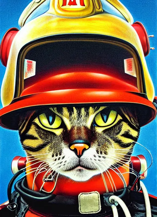 Prompt: symmetrical!! portrait of cat as a fire fighter. close up. soft lighting, retro 8 0 s, realistic illustration, art by peter elson