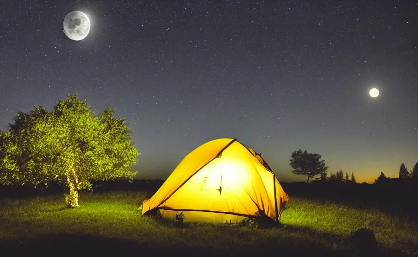 Prompt: night timelapse photography of a tent with a tree with the moon in the sky