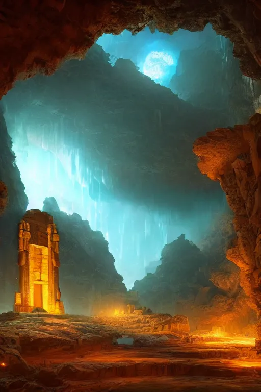 Image similar to yellow glowing ancient temple in a cave, star trails, dramatic lighting, artstation, matte painting, filip hodas, ralph mcquarrie