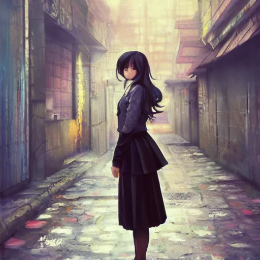 Image similar to a perfect, realistic professional oil painting of a Japanese schoolgirl posing in a dystopian alleyway, style of Marvel, full length, by a professional American senior artist on ArtStation, a high-quality hollywood-style concept