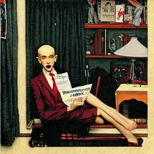 Image similar to a thin vampire wearing a suit reads a newspaper in the living room, painted by norman rockwell and tom lovell and frank schoonover