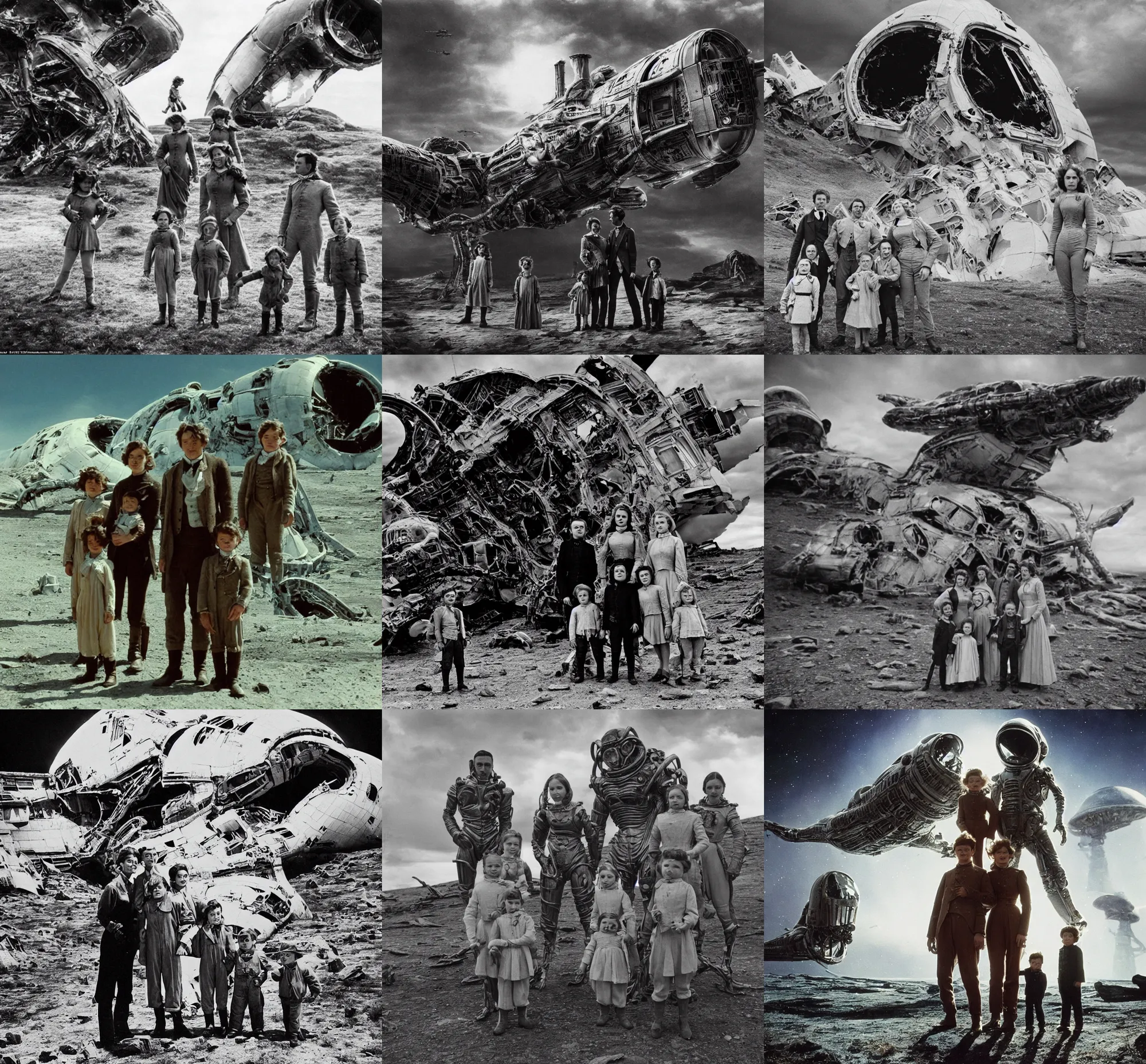 Prompt: extremely sharply detailed, 7 0 mm film from blockbuster 9 6 k sci fi color movie freeze frame, set 1 8 6 0, family standing in front of crashed spaceship, on alien planet, looking happy, wearing 1 8 5 0 s era clothes, atmospheric lighting, in focus, reflective eyes, 9 9 9 mm lens, live action, nice composition and photography, clear faces