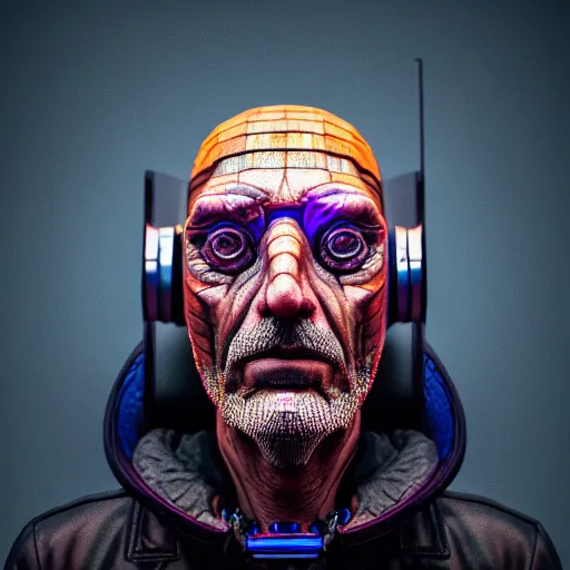 Image similar to Colour Photography of 1000 years old man with highly detailed 1000 years old face wearing higly detailed cyberpunk VR Headset designed by Josan Gonzalez . in style of Josan Gonzalez and Johannes Vermeer and Mike Winkelmann and Caspar David Friedrich. Rendered in Blender