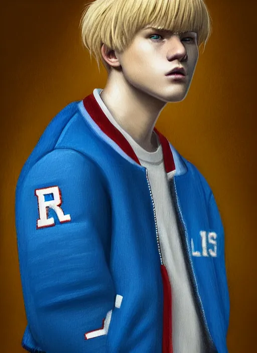 Image similar to portrait of high school senior boy named big moose, blonde short hair, jock, beefy, wide face, square jaw, square facial structure, blue varsity jacket with letter r, intricate, elegant, glowing lights, highly detailed, digital painting, artstation, concept art, sharp focus, illustration, art by wlop, mars ravelo and greg rutkowski