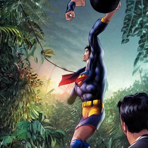 Image similar to batman and superman are playing volleyball in a jungle, volleyball in the air, volleyball net, in the style of greg rutkowski and artgerm, high detail