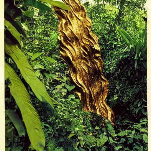 Image similar to vintage color photo of a giant 1 1 0 million years old abstract liquid gold sculpture shinning and covered by the jungle vines