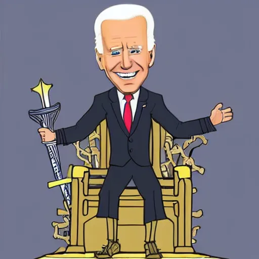 Image similar to joe biden sitting on top of a giant iron throne, a poster by matt bors, trending on reddit, sots art, official art, glorious, epic