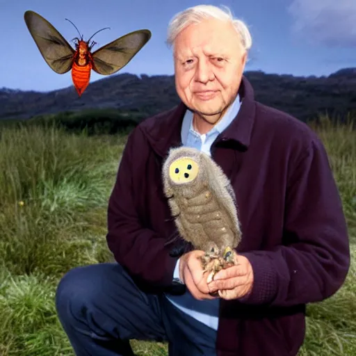 Image similar to Sir David Attenborough holding a small Mothman