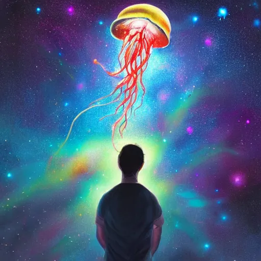 Prompt: over the shoulder painting of a man watching many magic glowing jellyfish in glowing cosmic stardust, colorful stars, galaxies, space, award winning photo, intricate, high detail, atmospheric, desolate, artstation