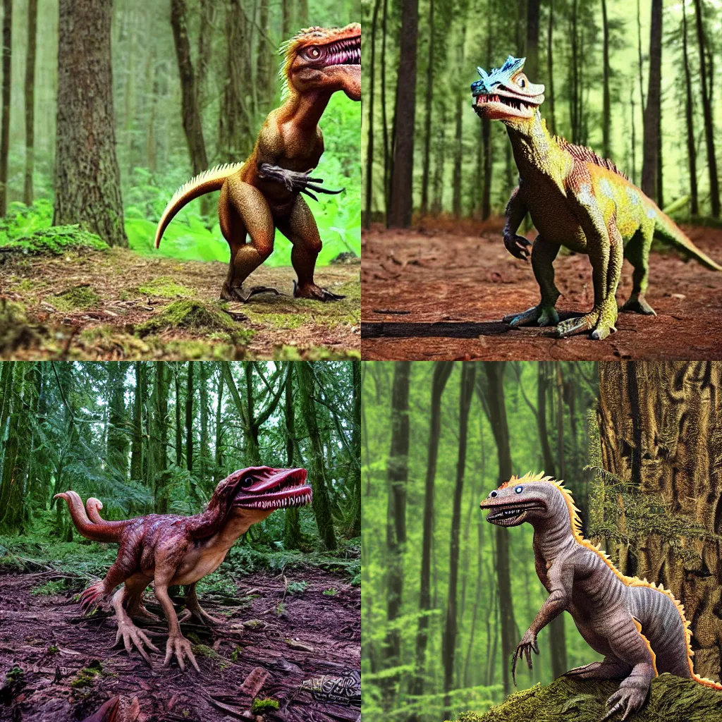 Prompt: a dilophosaurus standing in a forest, realistic photo