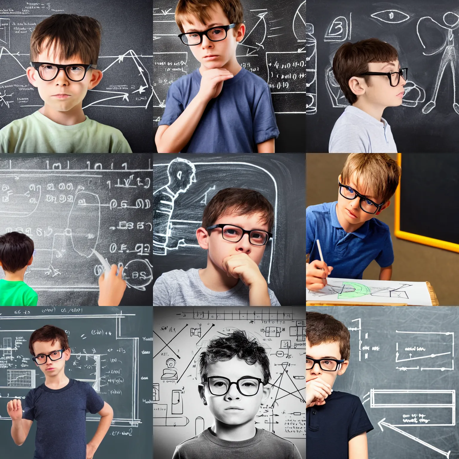 Prompt: young boy with glasses sweating, looking confused, looking at a diagram on a chalkboard, photorealistic