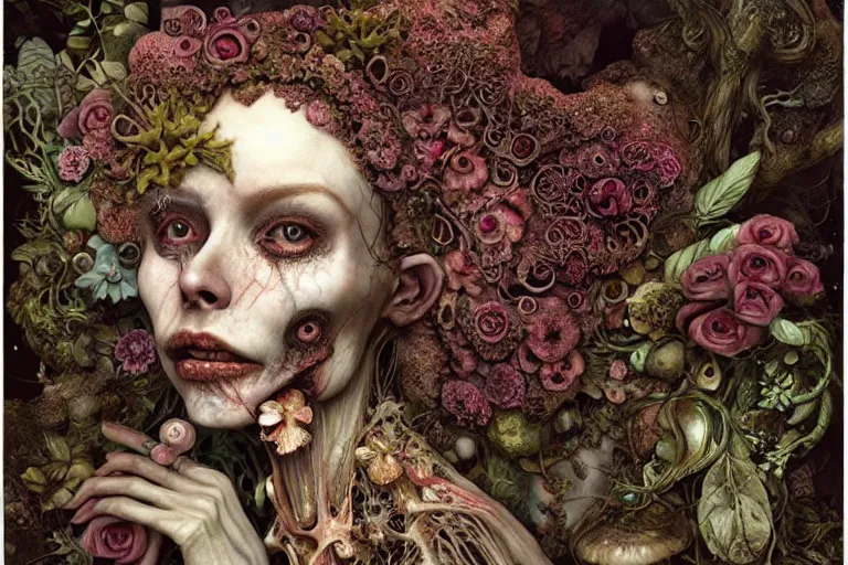 Image similar to beautiful and detailed rotten woman corpse with fractal plants and fractal flowers and mushrooms growing around, face muscles, veins, arteries, intricate, ornate, surreal, ray caesar, john constable, guy denning, dan hillier