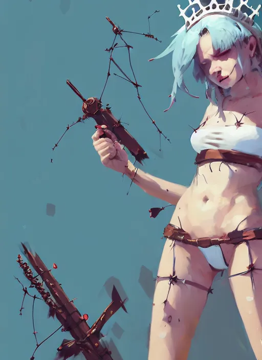 Image similar to portrait of cute maiden girl with crown of thorns and white short hairs, dressed in belts bikini, warhammer, cyberpunk, by atey ghailan, by greg rutkowski, by greg tocchini, by james gilleard, by joe gb fenton, by kaethe butcher, dynamic lighting, gradient light blue, brown, blonde cream and white color in scheme, grunge aesthetic