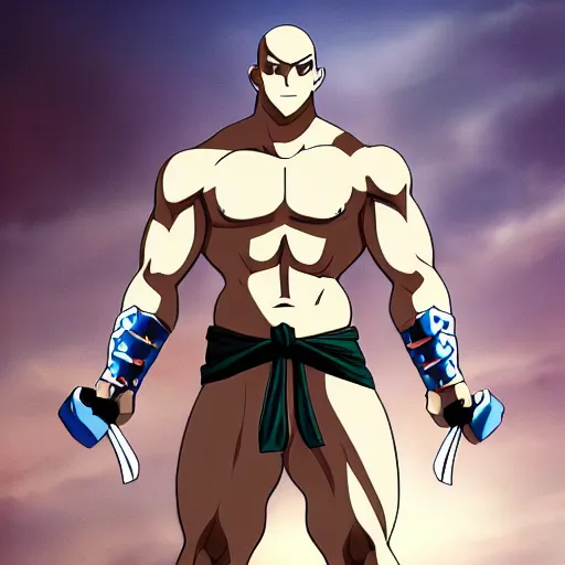 Image similar to blue skinned muscular man, swords in hands, 4 hands, HD, anime,