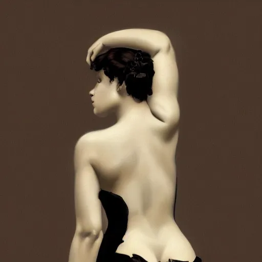 Image similar to black and white image silhouette photo of a very very very beautiful female back | hyperrealistic | lush background | action pose | digital painting | trending on artstation | pinup portrait | clean | illustration | dressed | 8 k resolution | rubenesque | by greg rutkowski alphonse mucha gustav klimt and mel ramos