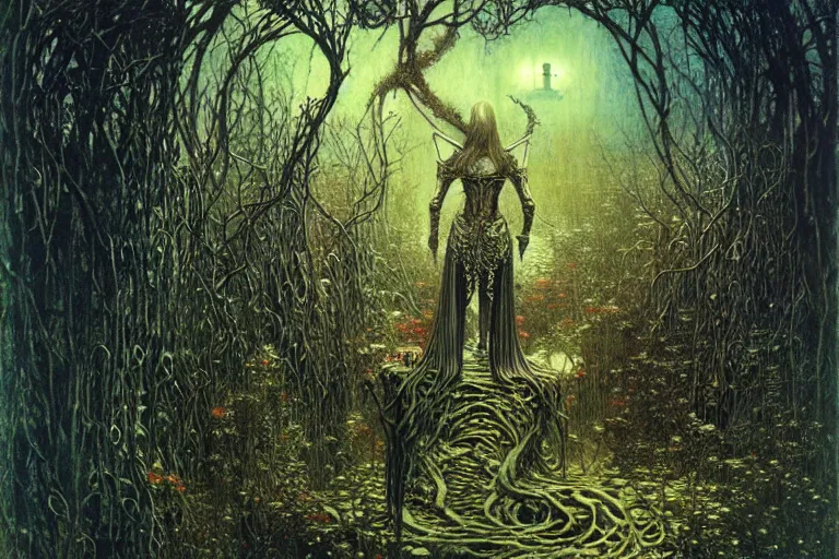 Prompt: knight in enchanted lovecraftian garden by jean delville, luis royo, beksinski, grimshaw