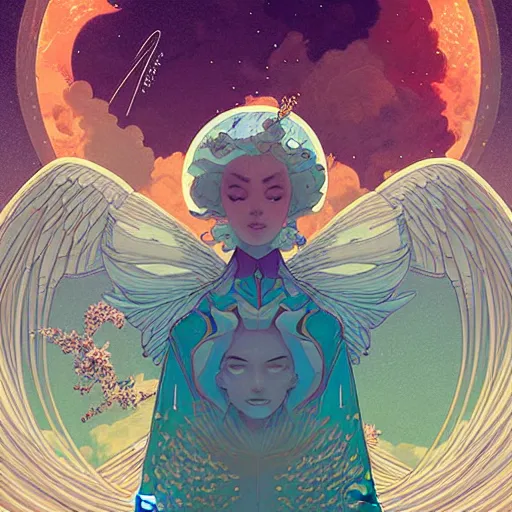 Image similar to an highly detailed illustration of an angel of the moon luna, in the heavens by victo ngai, peter mohrbacher digital art saturated colors