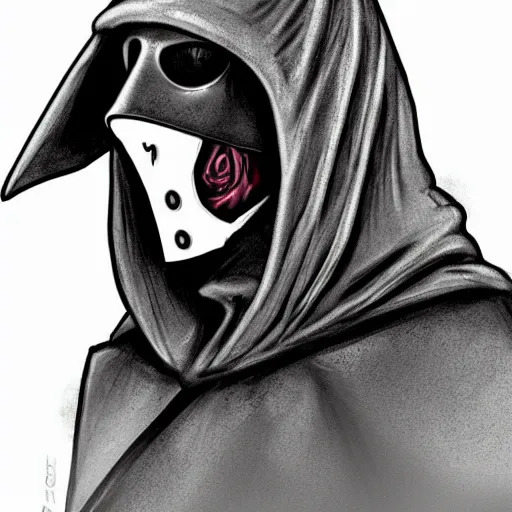 Image similar to female plague doctor donning a black hood, steel knightly armor and a white crow mask, trending on artstation