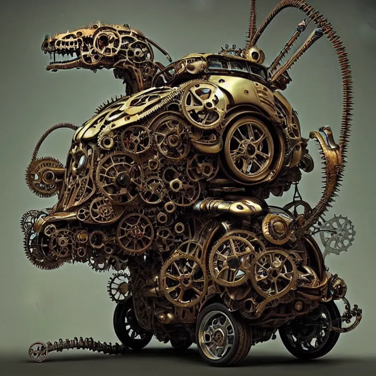 Image similar to biomechanical steampunk vehicle reminiscent of fast sportscar with robotic parts and (glowing) lights parked in ancient lush palace, gothic and baroque, brutalist architecture, ultradetailed, creepy ambiance, fog, artgerm, giger, Intricate by Ellen Jewett and Josan Gonzalez and Giuseppe Arcimboldo